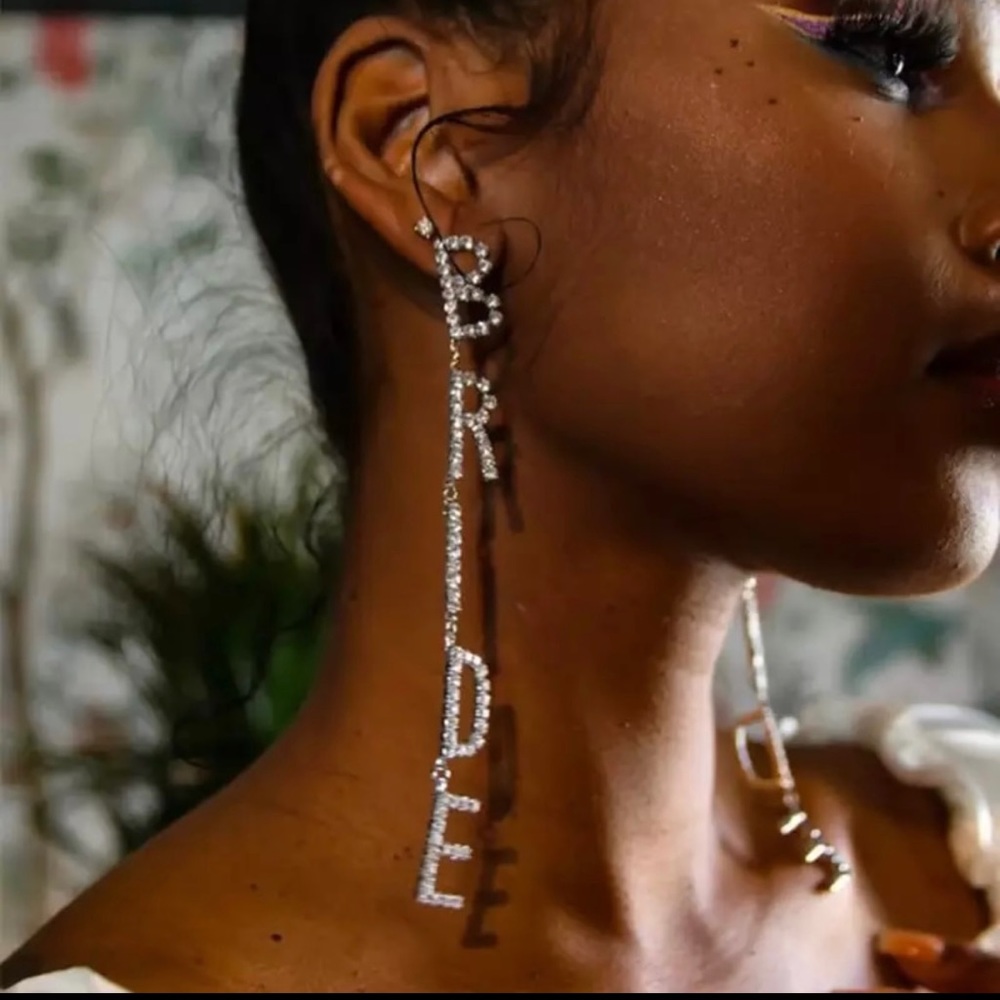 Bridal Gift Crystal Rhinestone Bride Drop letter Earrings photo shoot
